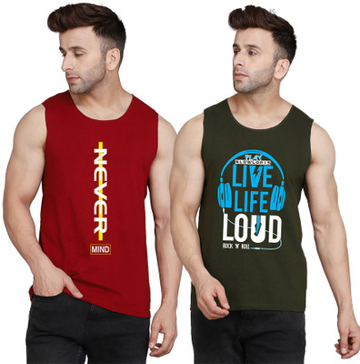 SLOWLORIS Printed Men Scoop Neck Dark Green, Maroon T-Shirt
