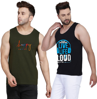 SLOWLORIS Printed Men Round Neck Black, Dark Green T-Shirt