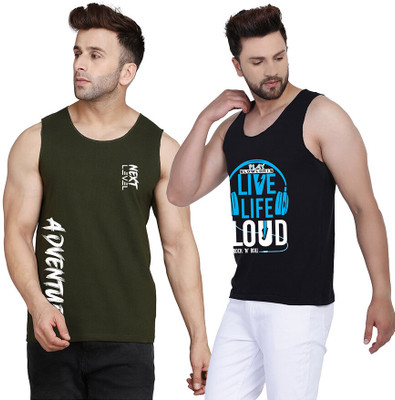 SLOWLORIS Printed Men Round Neck Black, Dark Green T-Shirt