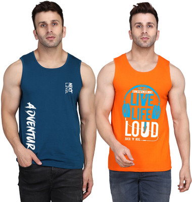 SLOWLORIS Printed Men Round Neck Orange, Dark Blue T-Shirt