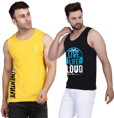 SLOWLORIS Printed Men Round Neck Black, Yellow T-Shirt