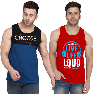SLOWLORIS Printed Men Scoop Neck Red, Black, Dark Blue T-Shirt