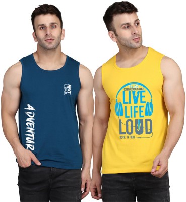 SLOWLORIS Printed Men Scoop Neck Yellow, Dark Blue T-Shirt