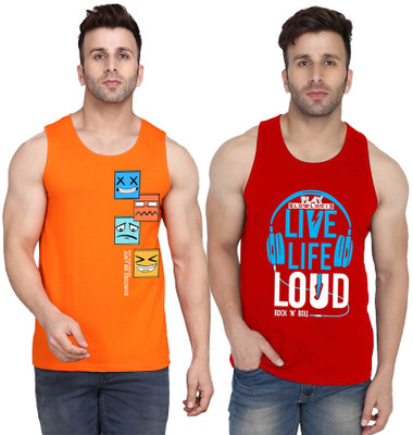 SLOWLORIS Printed Men Scoop Neck Red, Orange T-Shirt
