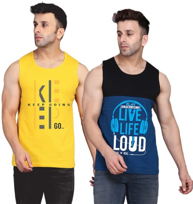 MINISTRY OF FRIENDS Printed Men Scoop Neck Black, Dark Blue, Yellow T-Shirt