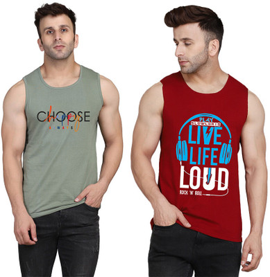 SLOWLORIS Printed Men Round Neck Maroon, Light Green T-Shirt