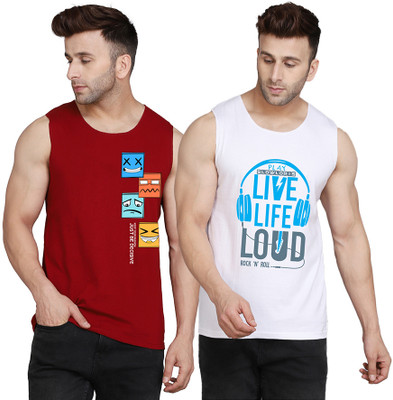 SLOWLORIS Printed Men Scoop Neck White, Maroon T-Shirt