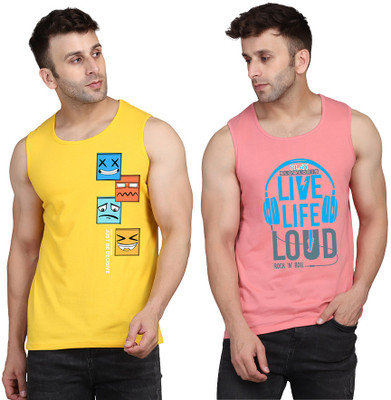 SLOWLORIS Printed Men Round Neck Pink, Yellow T-Shirt