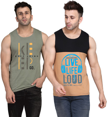 SLOWLORIS Printed, Colorblock Men Scoop Neck Black, Beige, Light Green T-Shirt