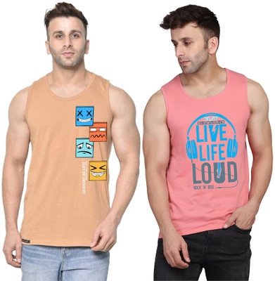 SLOWLORIS Printed Men Round Neck Pink, Beige T-Shirt