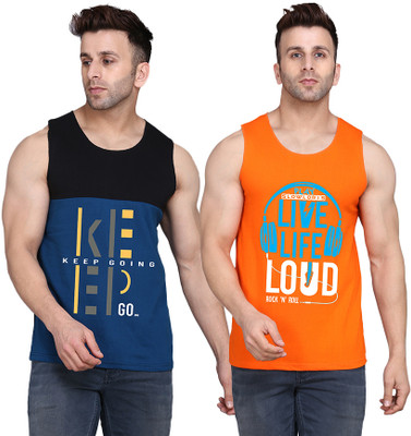 SLOWLORIS Printed Men Round Neck Orange, Black, Dark Blue T-Shirt