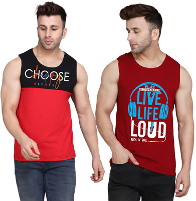 SLOWLORIS Printed Men Round Neck Maroon, Black, Red T-Shirt