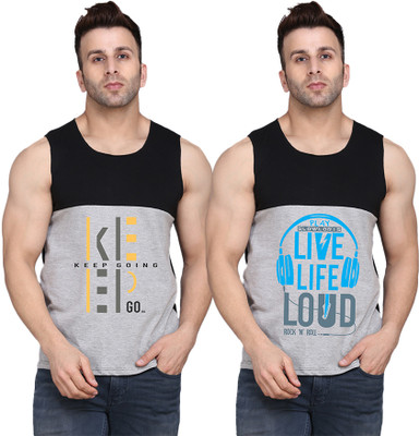 SLOWLORIS Printed, Colorblock Men Round Neck Black, Grey T-Shirt