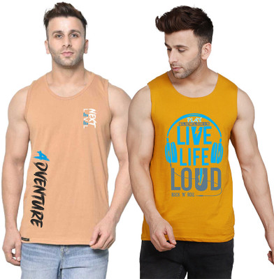 SLOWLORIS Printed Men Scoop Neck Yellow, White, Beige T-Shirt