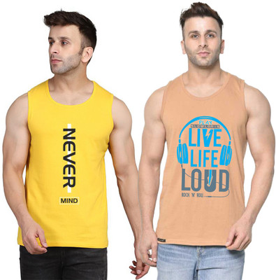 SLOWLORIS Printed Men Round Neck Beige, Yellow T-Shirt