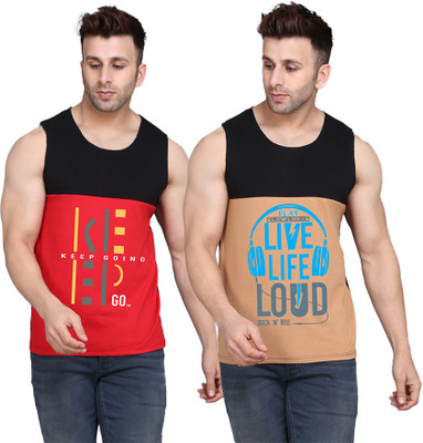 SLOWLORIS Printed Men Scoop Neck Black, Beige, Red T-Shirt