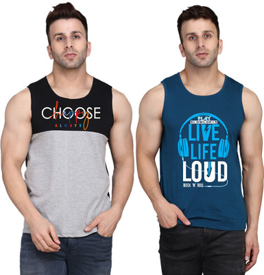 SLOWLORIS Printed Men Round Neck Dark Blue, Black, Grey T-Shirt