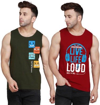 SLOWLORIS Printed Men Round Neck Maroon, Dark Green T-Shirt