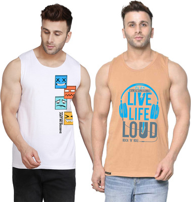 SLOWLORIS Printed Men Scoop Neck Beige, White T-Shirt