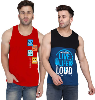 TEEFOX Printed Men Scoop Neck Black, Dark Blue, Red T-Shirt