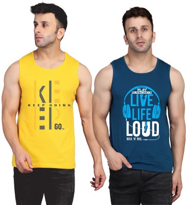 SLOWLORIS Printed Men Scoop Neck Dark Blue, Yellow T-Shirt