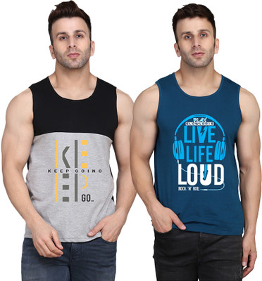 SLOWLORIS Printed Men Scoop Neck Dark Blue, Black, Grey T-Shirt