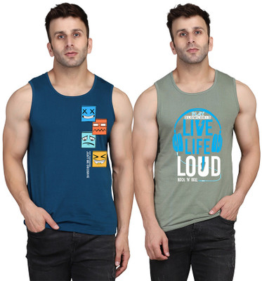 SLOWLORIS Printed Men Scoop Neck Light Green, Dark Blue T-Shirt