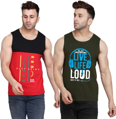 SLOWLORIS Printed Men Scoop Neck Dark Green, Black, Red T-Shirt