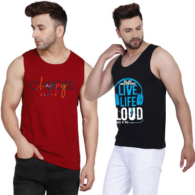 SLOWLORIS Printed Men Round Neck Black, Maroon T-Shirt