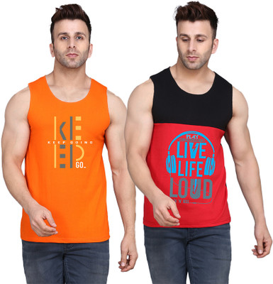 SLOWLORIS Typography Men Round Neck Black, Red, Orange T-Shirt