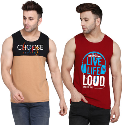 SLOWLORIS Typography Men Round Neck Maroon, Black, Beige T-Shirt
