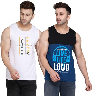 SLOWLORIS Printed Men Scoop Neck Black, Dark Blue, White T-Shirt