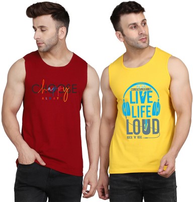 TEEFOX Printed Men Scoop Neck Yellow, Maroon T-Shirt