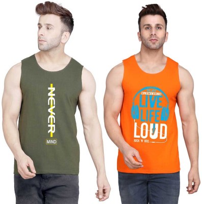 SLOWLORIS Printed Men Scoop Neck Orange, Dark Green T-Shirt