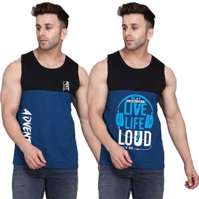 SLOWLORIS Printed Men Scoop Neck Black, Dark Blue T-Shirt