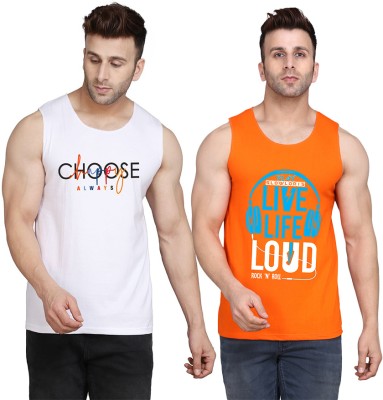 SLOWLORIS Printed Men Scoop Neck Orange, White T-Shirt