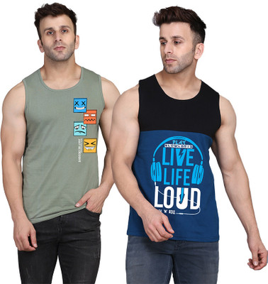 SLOWLORIS Printed Men Scoop Neck Black, Dark Blue, Light Green T-Shirt