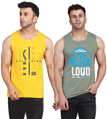 SLOWLORIS Printed Men Round Neck Light Green, Yellow T-Shirt