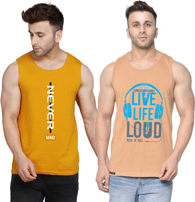 SLOWLORIS Printed Men Scoop Neck Beige, Yellow, White T-Shirt
