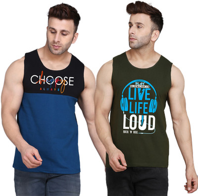 SLOWLORIS Printed Men Scoop Neck Dark Green, Black, Dark Blue T-Shirt