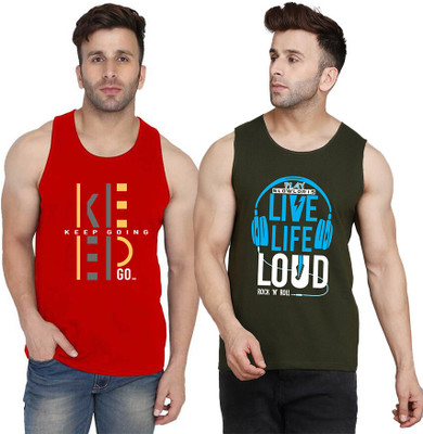 SLOWLORIS Printed Men Scoop Neck Dark Green, Red T-Shirt