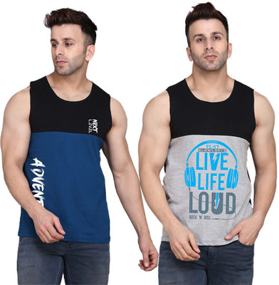 SLOWLORIS Printed Men Scoop Neck Black, Grey, Dark Blue T-Shirt