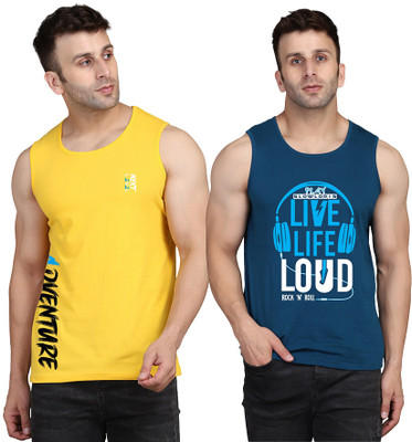 SLOWLORIS Printed Men Round Neck Dark Blue, Yellow T-Shirt