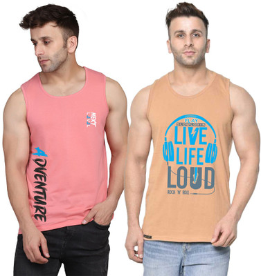 SLOWLORIS Printed Men Scoop Neck Beige, Pink T-Shirt