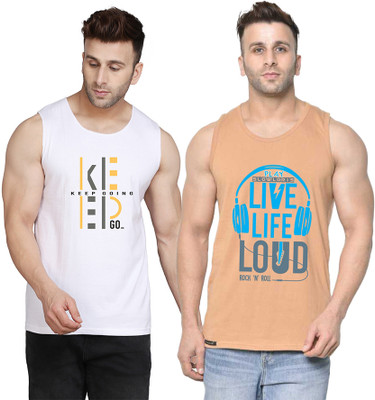 SLOWLORIS Printed Men Round Neck Beige, White T-Shirt