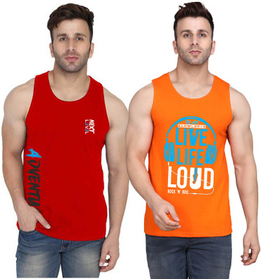 SLOWLORIS Printed Men Round Neck Orange, Red T-Shirt