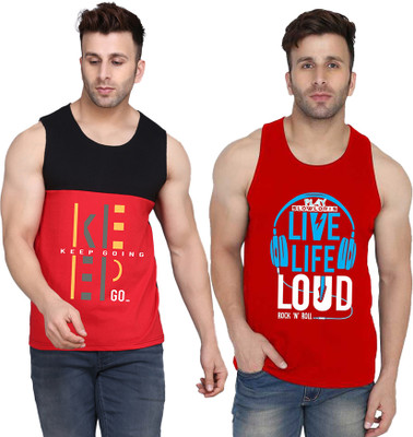 SLOWLORIS Typography Men Round Neck Red, Black T-Shirt