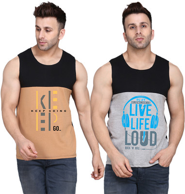 SLOWLORIS Printed Men Round Neck Black, Grey, Beige T-Shirt