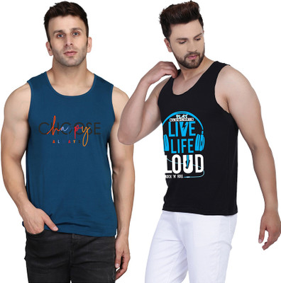 SLOWLORIS Printed Men Round Neck Black, Dark Blue T-Shirt