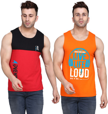 SLOWLORIS Printed Men Round Neck Orange, Black, Red T-Shirt